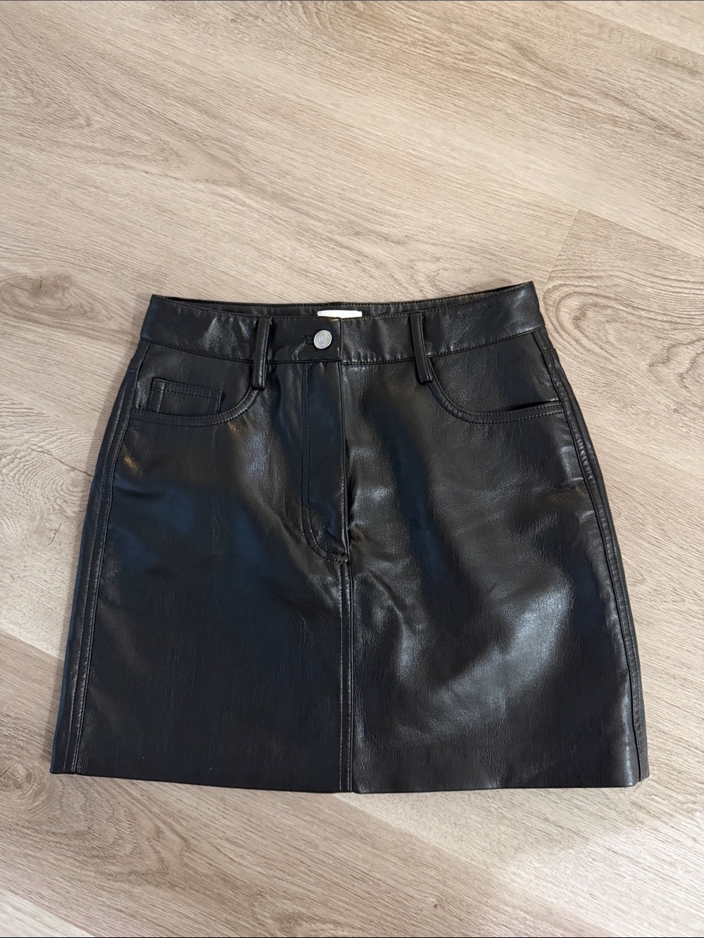 Wilfred Black Faux Leather Mini Skirt with Front Button